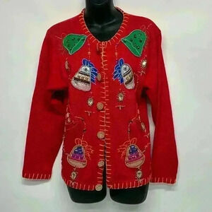 Victoria Harbor size medred, ugly Christmas sweater cardigan beaded bejeweled